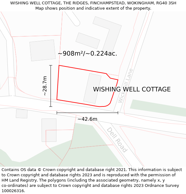 WISHING WELL COTTAGE, THE RIDGES, FINCHAMPSTEAD, WOKINGHAM, RG40 3SH: Plot and title map