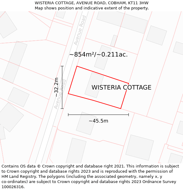 WISTERIA COTTAGE, AVENUE ROAD, COBHAM, KT11 3HW: Plot and title map