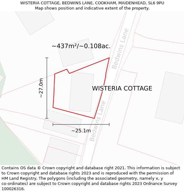 WISTERIA COTTAGE, BEDWINS LANE, COOKHAM, MAIDENHEAD, SL6 9PU: Plot and title map