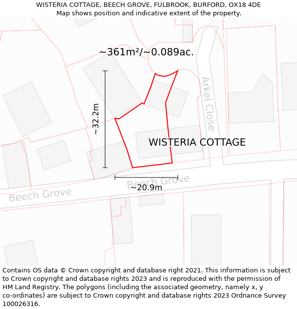 WISTERIA COTTAGE, BEECH GROVE, FULBROOK, BURFORD, OX18 4DE: Plot and title map