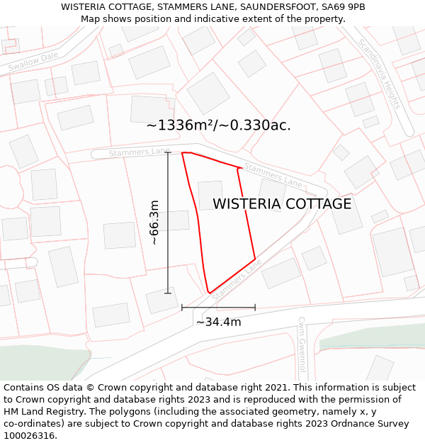 WISTERIA COTTAGE, STAMMERS LANE, SAUNDERSFOOT, SA69 9PB: Plot and title map