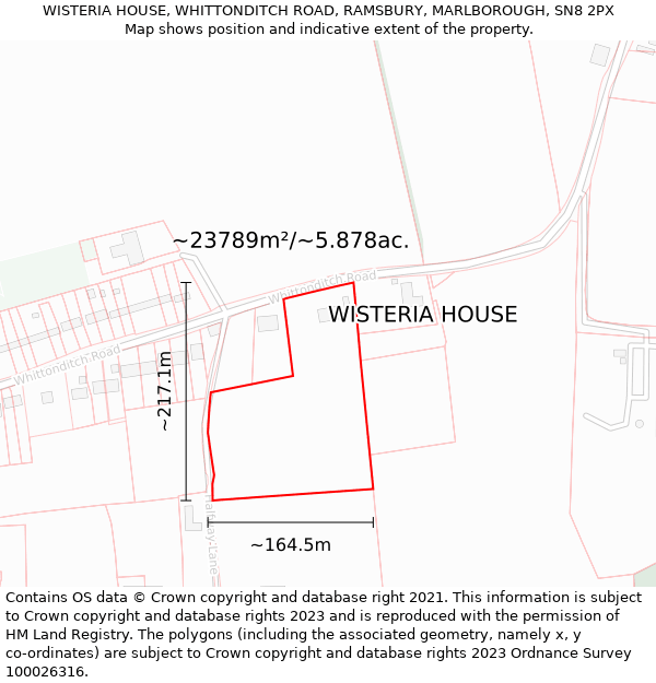 WISTERIA HOUSE, WHITTONDITCH ROAD, RAMSBURY, MARLBOROUGH, SN8 2PX: Plot and title map