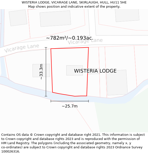 WISTERIA LODGE, VICARAGE LANE, SKIRLAUGH, HULL, HU11 5HE: Plot and title map
