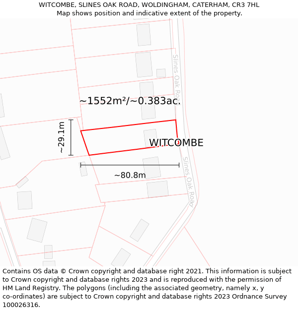 WITCOMBE, SLINES OAK ROAD, WOLDINGHAM, CATERHAM, CR3 7HL: Plot and title map