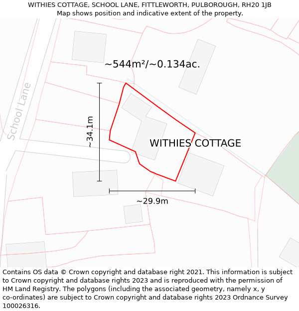 WITHIES COTTAGE, SCHOOL LANE, FITTLEWORTH, PULBOROUGH, RH20 1JB: Plot and title map