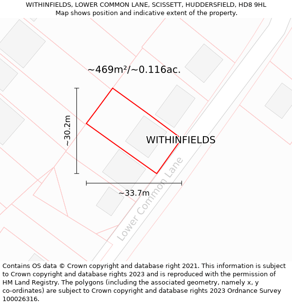 WITHINFIELDS, LOWER COMMON LANE, SCISSETT, HUDDERSFIELD, HD8 9HL: Plot and title map