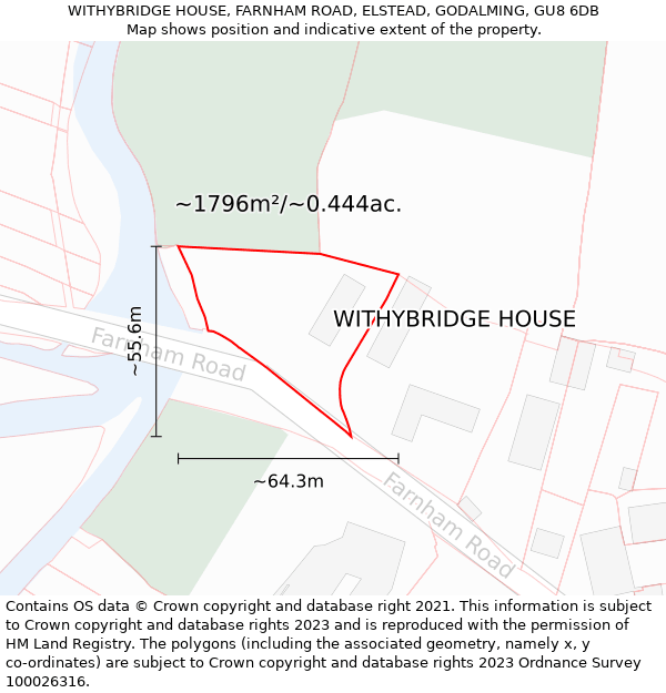 WITHYBRIDGE HOUSE, FARNHAM ROAD, ELSTEAD, GODALMING, GU8 6DB: Plot and title map