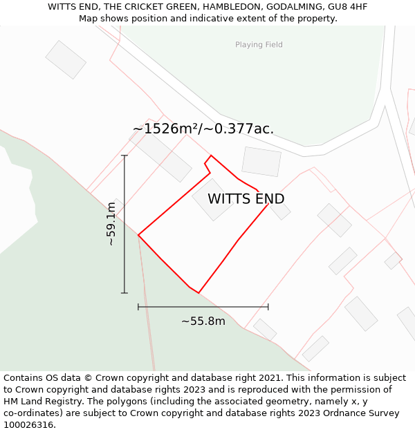 WITTS END, THE CRICKET GREEN, HAMBLEDON, GODALMING, GU8 4HF: Plot and title map