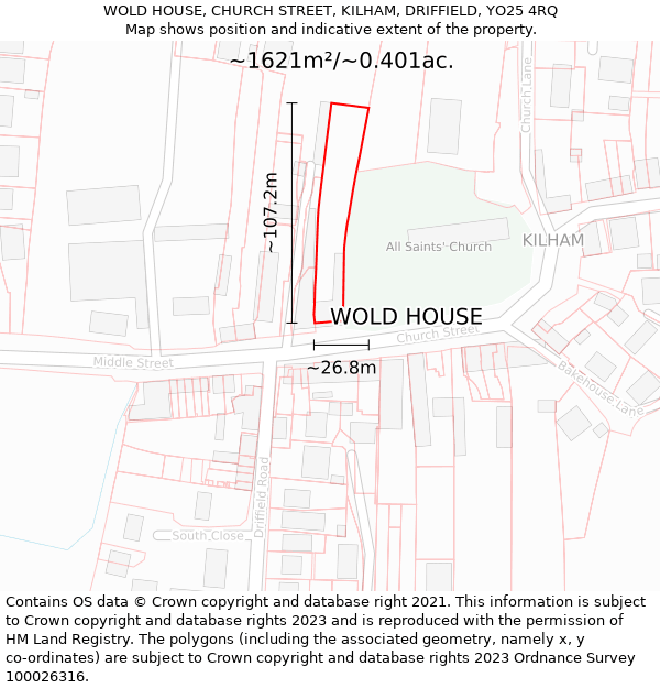 WOLD HOUSE, CHURCH STREET, KILHAM, DRIFFIELD, YO25 4RQ: Plot and title map