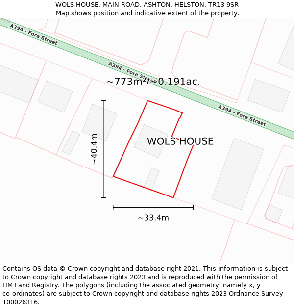 WOLS HOUSE, MAIN ROAD, ASHTON, HELSTON, TR13 9SR: Plot and title map