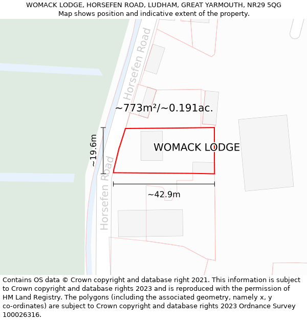 WOMACK LODGE, HORSEFEN ROAD, LUDHAM, GREAT YARMOUTH, NR29 5QG: Plot and title map
