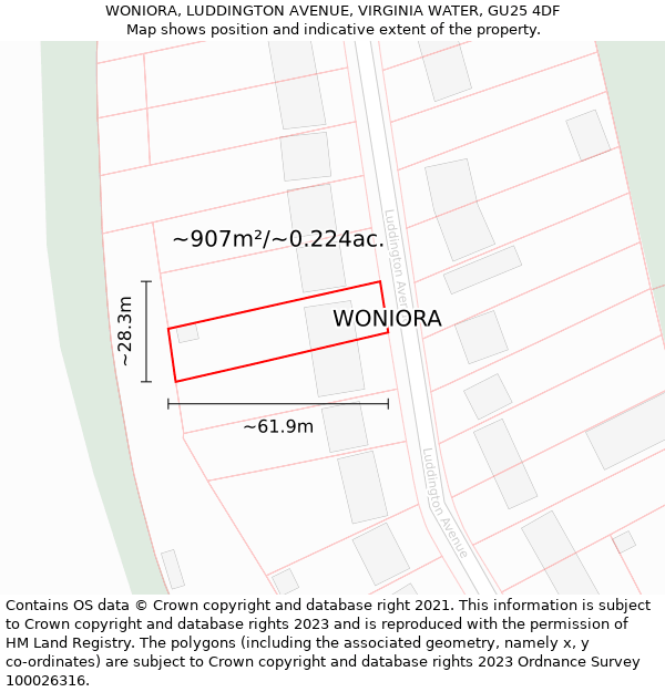 WONIORA, LUDDINGTON AVENUE, VIRGINIA WATER, GU25 4DF: Plot and title map