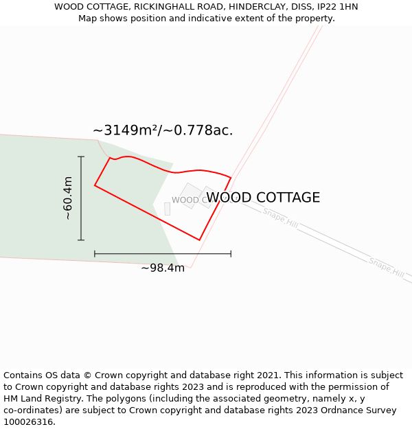 WOOD COTTAGE, RICKINGHALL ROAD, HINDERCLAY, DISS, IP22 1HN: Plot and title map
