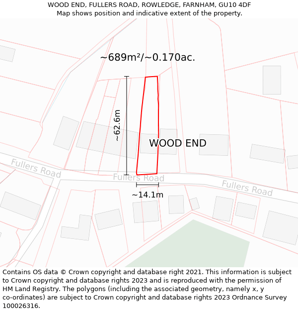 WOOD END, FULLERS ROAD, ROWLEDGE, FARNHAM, GU10 4DF: Plot and title map