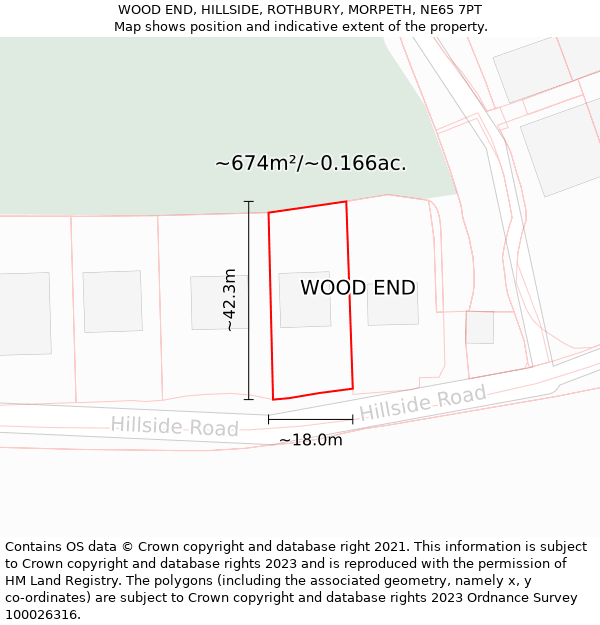 WOOD END, HILLSIDE, ROTHBURY, MORPETH, NE65 7PT: Plot and title map