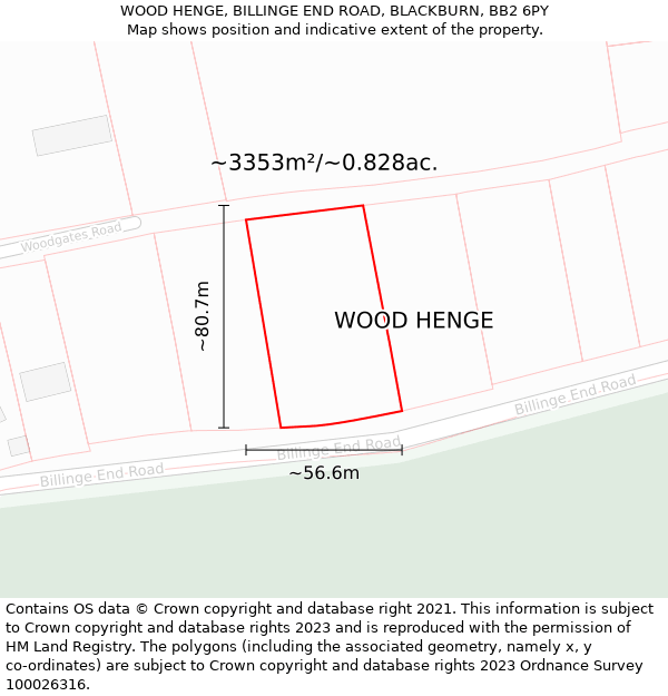 WOOD HENGE, BILLINGE END ROAD, BLACKBURN, BB2 6PY: Plot and title map