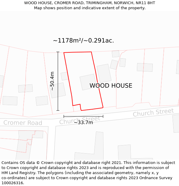 WOOD HOUSE, CROMER ROAD, TRIMINGHAM, NORWICH, NR11 8HT: Plot and title map