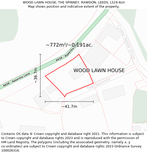 WOOD LAWN HOUSE, THE SPINNEY, RAWDON, LEEDS, LS19 6LH: Plot and title map