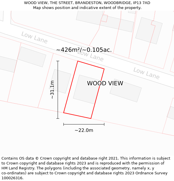 WOOD VIEW, THE STREET, BRANDESTON, WOODBRIDGE, IP13 7AD: Plot and title map