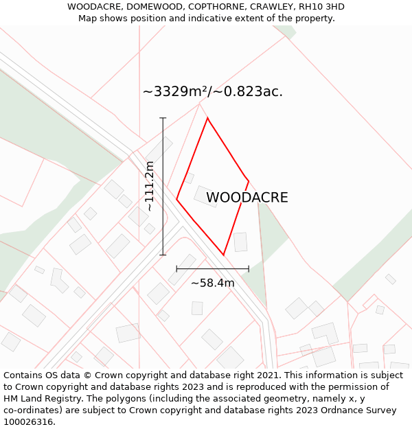 WOODACRE, DOMEWOOD, COPTHORNE, CRAWLEY, RH10 3HD: Plot and title map