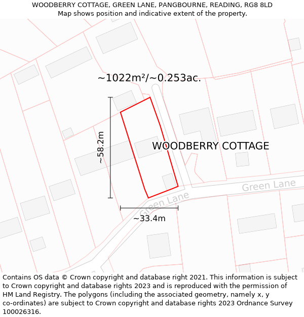 WOODBERRY COTTAGE, GREEN LANE, PANGBOURNE, READING, RG8 8LD: Plot and title map