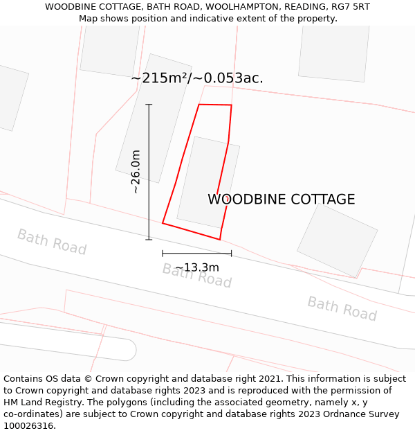 WOODBINE COTTAGE, BATH ROAD, WOOLHAMPTON, READING, RG7 5RT: Plot and title map