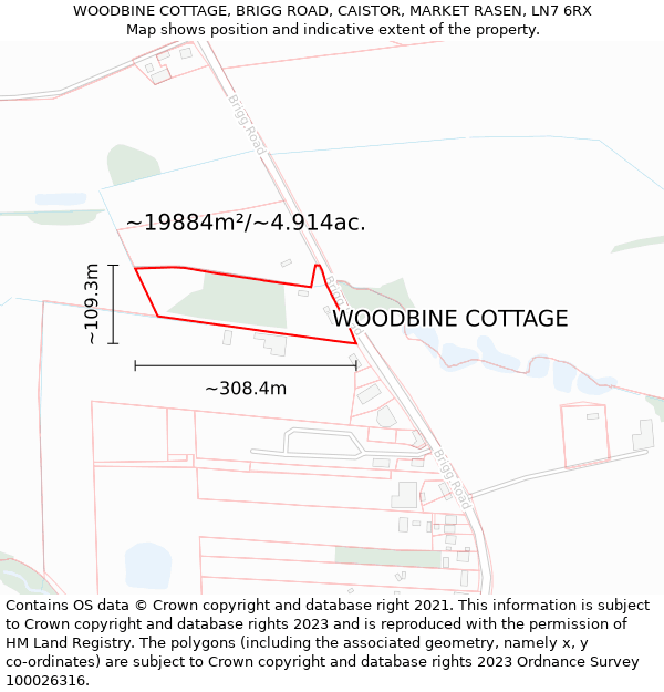 WOODBINE COTTAGE, BRIGG ROAD, CAISTOR, MARKET RASEN, LN7 6RX: Plot and title map