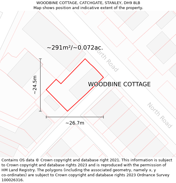 WOODBINE COTTAGE, CATCHGATE, STANLEY, DH9 8LB: Plot and title map