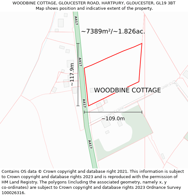 WOODBINE COTTAGE, GLOUCESTER ROAD, HARTPURY, GLOUCESTER, GL19 3BT: Plot and title map