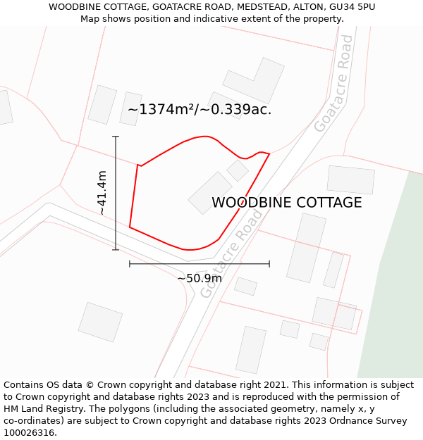 WOODBINE COTTAGE, GOATACRE ROAD, MEDSTEAD, ALTON, GU34 5PU: Plot and title map