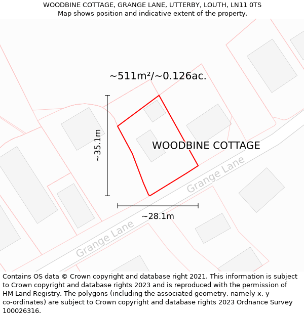 WOODBINE COTTAGE, GRANGE LANE, UTTERBY, LOUTH, LN11 0TS: Plot and title map