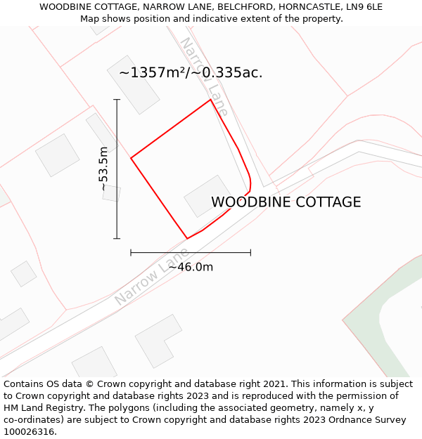 WOODBINE COTTAGE, NARROW LANE, BELCHFORD, HORNCASTLE, LN9 6LE: Plot and title map