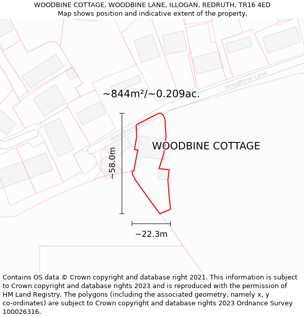 WOODBINE COTTAGE, WOODBINE LANE, ILLOGAN, REDRUTH, TR16 4ED: Plot and title map