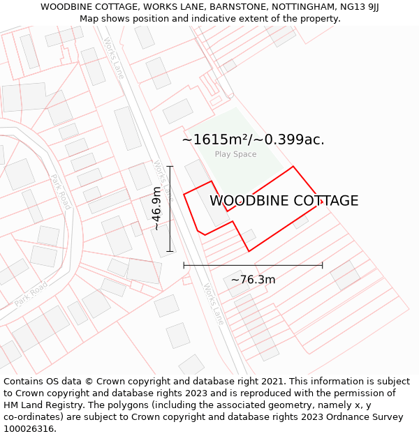 WOODBINE COTTAGE, WORKS LANE, BARNSTONE, NOTTINGHAM, NG13 9JJ: Plot and title map