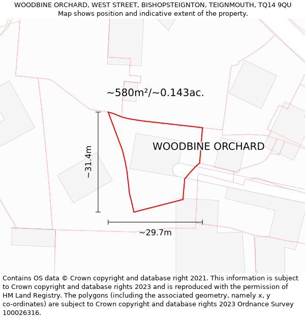 WOODBINE ORCHARD, WEST STREET, BISHOPSTEIGNTON, TEIGNMOUTH, TQ14 9QU: Plot and title map