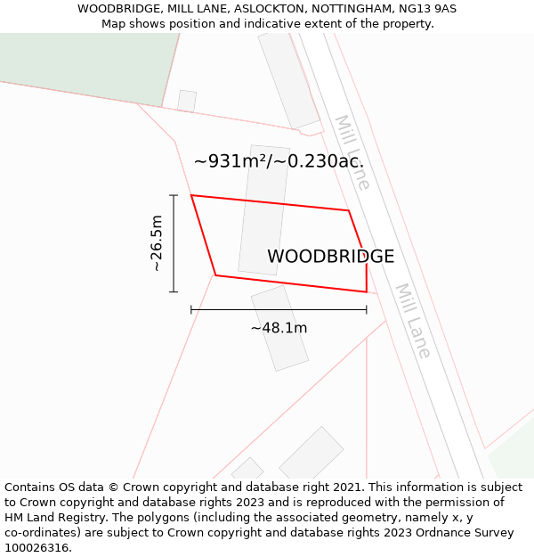 WOODBRIDGE, MILL LANE, ASLOCKTON, NOTTINGHAM, NG13 9AS: Plot and title map