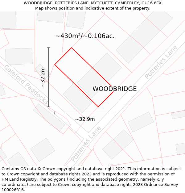 WOODBRIDGE, POTTERIES LANE, MYTCHETT, CAMBERLEY, GU16 6EX: Plot and title map