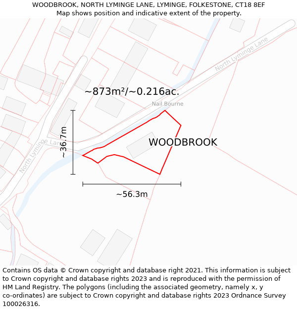 WOODBROOK, NORTH LYMINGE LANE, LYMINGE, FOLKESTONE, CT18 8EF: Plot and title map
