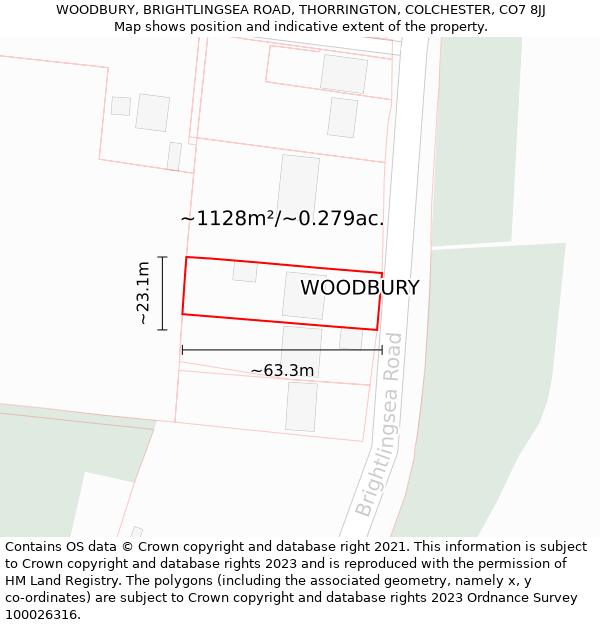WOODBURY, BRIGHTLINGSEA ROAD, THORRINGTON, COLCHESTER, CO7 8JJ: Plot and title map