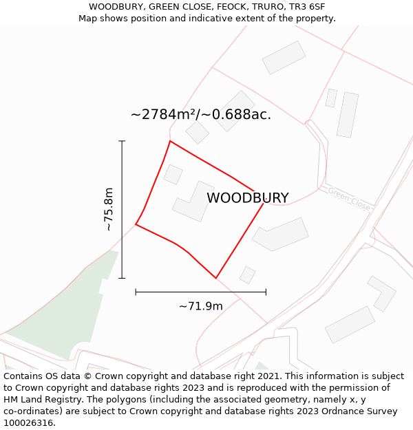 WOODBURY, GREEN CLOSE, FEOCK, TRURO, TR3 6SF: Plot and title map