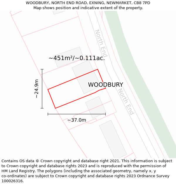 WOODBURY, NORTH END ROAD, EXNING, NEWMARKET, CB8 7PD: Plot and title map