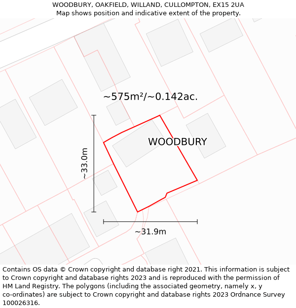 WOODBURY, OAKFIELD, WILLAND, CULLOMPTON, EX15 2UA: Plot and title map