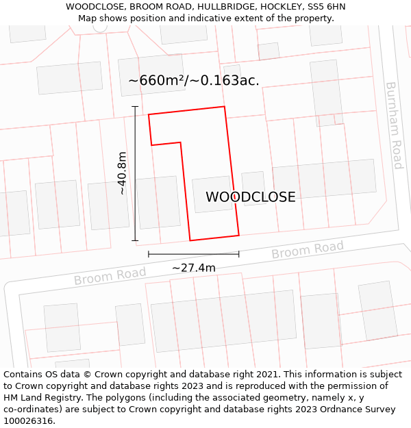 WOODCLOSE, BROOM ROAD, HULLBRIDGE, HOCKLEY, SS5 6HN: Plot and title map