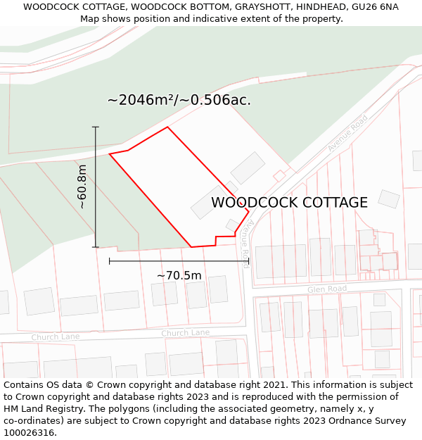 WOODCOCK COTTAGE, WOODCOCK BOTTOM, GRAYSHOTT, HINDHEAD, GU26 6NA: Plot and title map