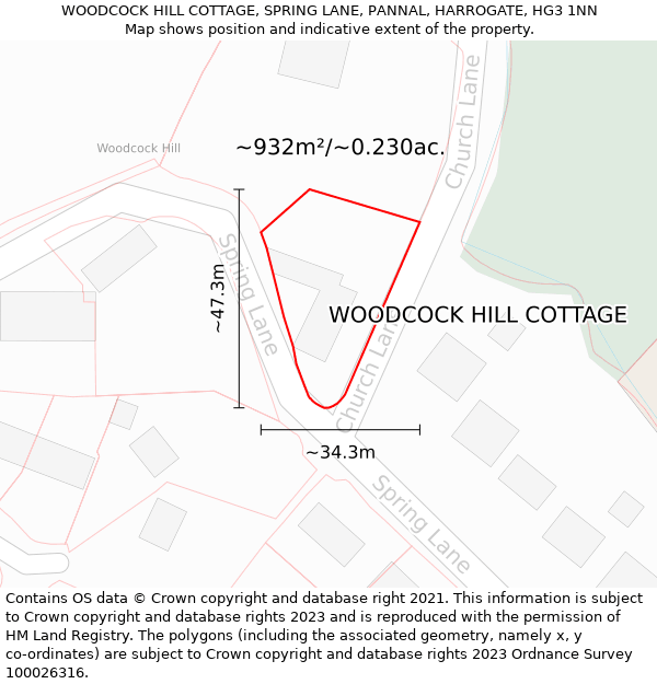 WOODCOCK HILL COTTAGE, SPRING LANE, PANNAL, HARROGATE, HG3 1NN: Plot and title map