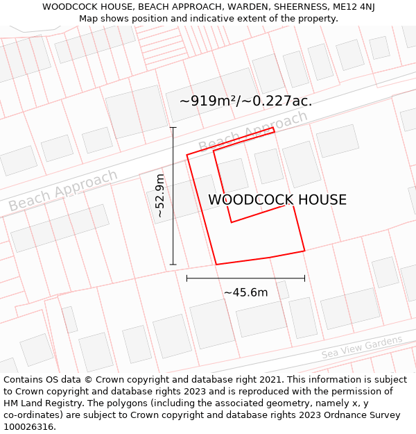 WOODCOCK HOUSE, BEACH APPROACH, WARDEN, SHEERNESS, ME12 4NJ: Plot and title map