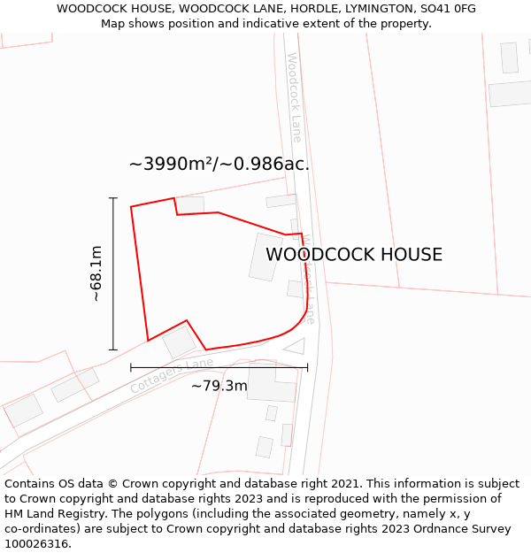 WOODCOCK HOUSE, WOODCOCK LANE, HORDLE, LYMINGTON, SO41 0FG: Plot and title map