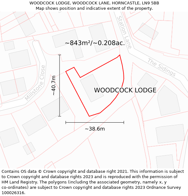WOODCOCK LODGE, WOODCOCK LANE, HORNCASTLE, LN9 5BB: Plot and title map
