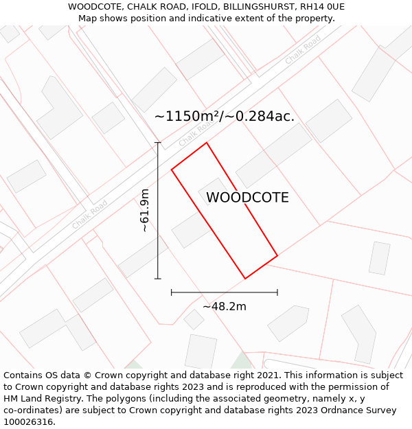 WOODCOTE, CHALK ROAD, IFOLD, BILLINGSHURST, RH14 0UE: Plot and title map