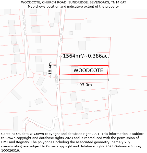 WOODCOTE, CHURCH ROAD, SUNDRIDGE, SEVENOAKS, TN14 6AT: Plot and title map
